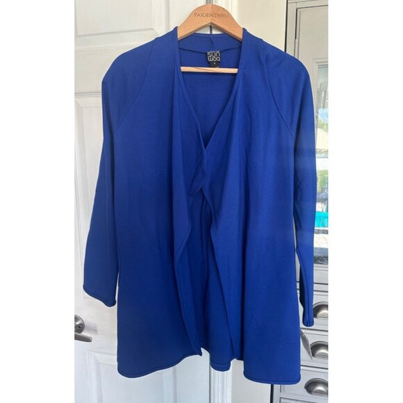 Clara Sunwoo Womens S Open Front Blue Knit Blazer Oversized Pockets Coastal NEW - Picture 1 of 6
